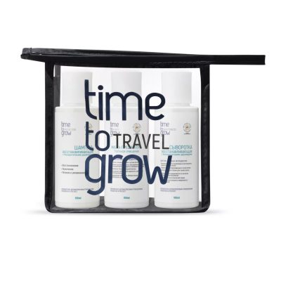 «Дорожный набор Time To Grow». Маска-прешампунь, шампунь и сыворотка в наборе из флаконов по 100 мл.